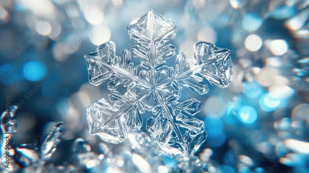 Poster A stunning close-up of a snowflake showcasing intricate details and unique patterns, surrounded by shimmering ice.
