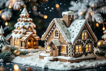 The concept of a home celebration of Christmas or New Year 2025, family traditions. Gingerbread houses with glaze with atmospheric lighting.
