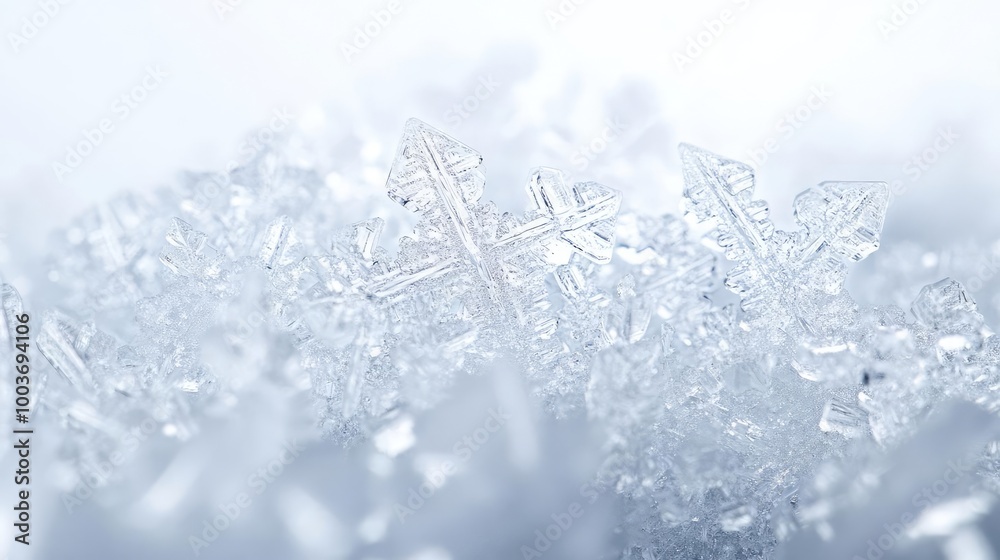 Poster a close-up view of delicate snowflakes resting on a soft bed of snow, showcasing intricate crystal f