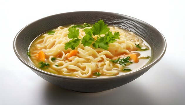 Instant chicken noodle soup in a white ceramic bowl isolated on white. Parsley garnish.