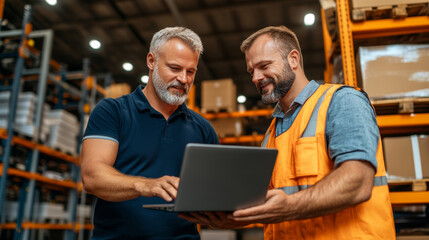 Two men collaborate in a warehouse, discussing work while looking at a laptop. The professional atmosphere highlights teamwork and productivity in the industry.