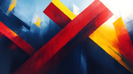 Abstract expressionist artwork with bold colors and geometric shapes showcasing vibrant red and yellow contrasts against a blue background