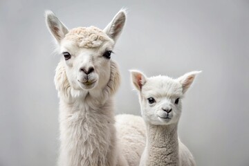 Fototapeta premium White Alpaca with young offspring in minimalist style
