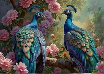 Obraz premium illustration of peacocks among flowers