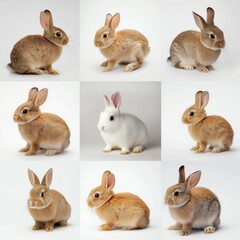 Cute rabbits on white background in a colorful collage. Adorable bunnies with fluffy fur, cute faces, and long ears. Various rabbit breeds in a fun collection.