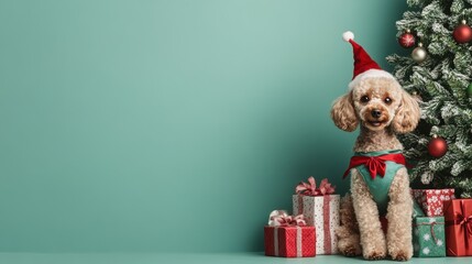 Dog in christmas costume concept. A happy poodle in a Christmas hat near a decorated tree and colorful gifts, perfect for festive holiday celebrations