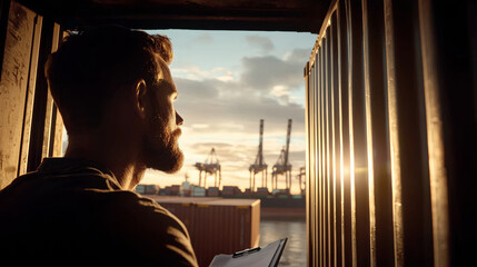 A man stands in a shipping container, watching the sunset over a busy port. Silhouetted against the warm colors, he holds a clipboard, reflecting on the industrial scene outside.