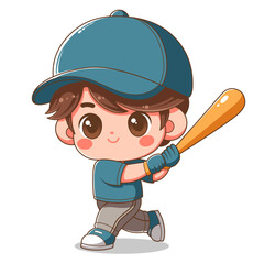 a cute cartoon of a baseball player with a blue cap and a baseball bat