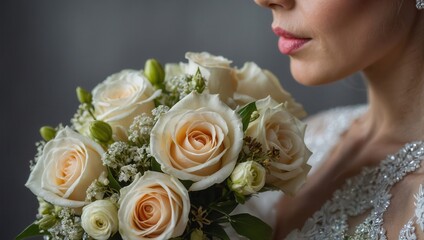 Close-Up of Woman's Lips Holding Bridal Bouquet in Elegant White Dress