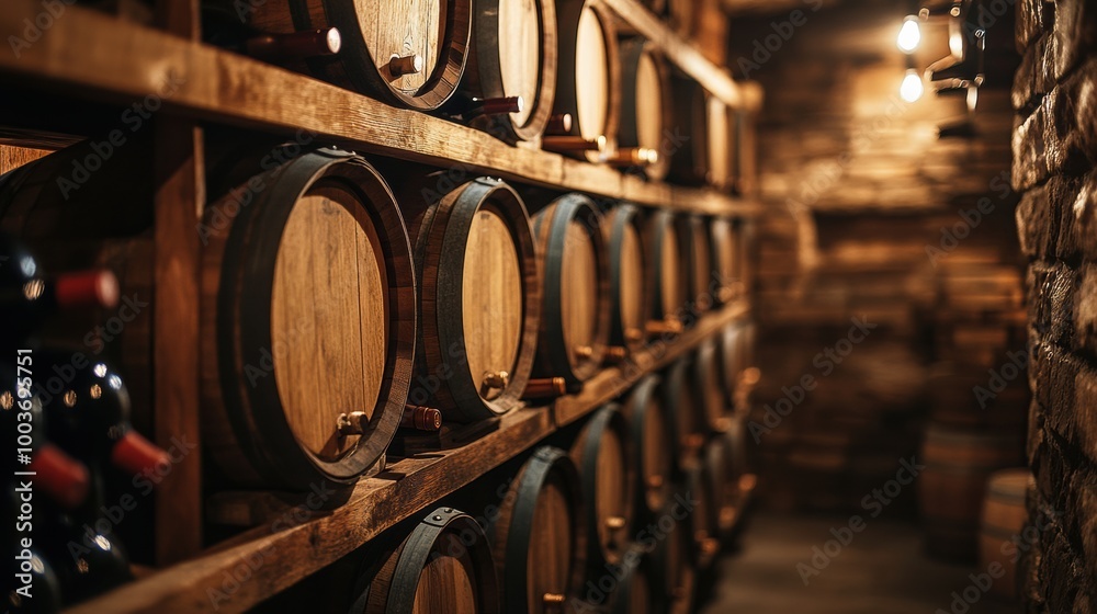 Poster A rustic wine cellar filled with wooden barrels and neatly stacked bottles in a cozy, dimly lit atmosphere. Generative AI