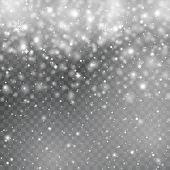 Winter Snowflakes Falling on Transparent Background for Christmas Design .Vector