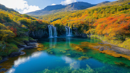 Peaceful river landscape with powerful waterfalls