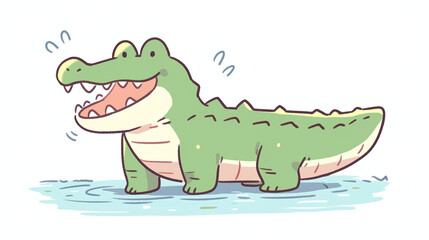 Naklejka premium Cute Cartoon Crocodile Smiling in Water - Digital Art Illustration