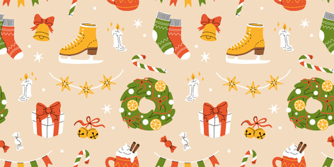Hygge Winter elements seamless pattern. Cute and cozy cartoon vector collection. Illustration of christmas present, festive garland, warm knitted sweater, envelope, star and skates.