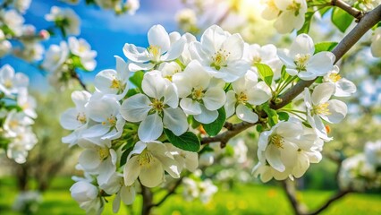 White apple blossom flowers blooming on green block background from worm's eye view