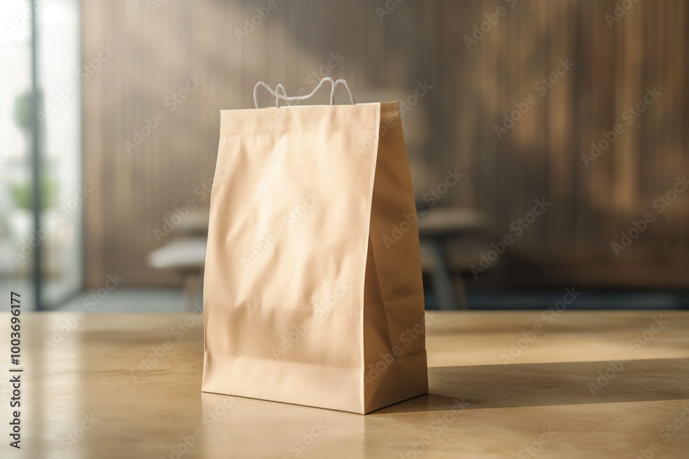 Poster beige paper bag on wooden table with blank space for design. empty container for hot drink or food p