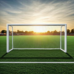 Fototapeta premium soccer field with goal. football stadium with sky. soccer field with lights. soccer field with stadium. green playground stadium with clouds.