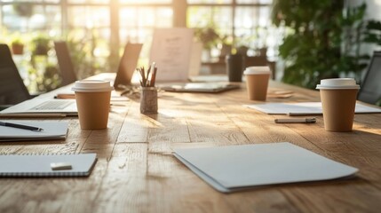 Modern workspace with coffee cups and stationary on a wooden table.