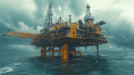 Offshore oil rig amidst dramatic stormy skies and ocean waves.
