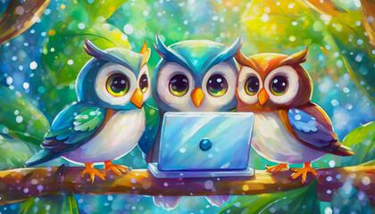 Naklejka premium oil painting style cartoon character illustration Owls gathered around a laptop,