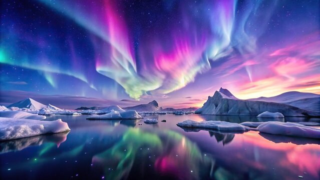 White Arctic icebergs with colorful Aurora Borealis in the sky - Powered by Adobe