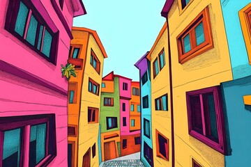 Obraz premium small town street colorful pop art digital art illustration cartoon