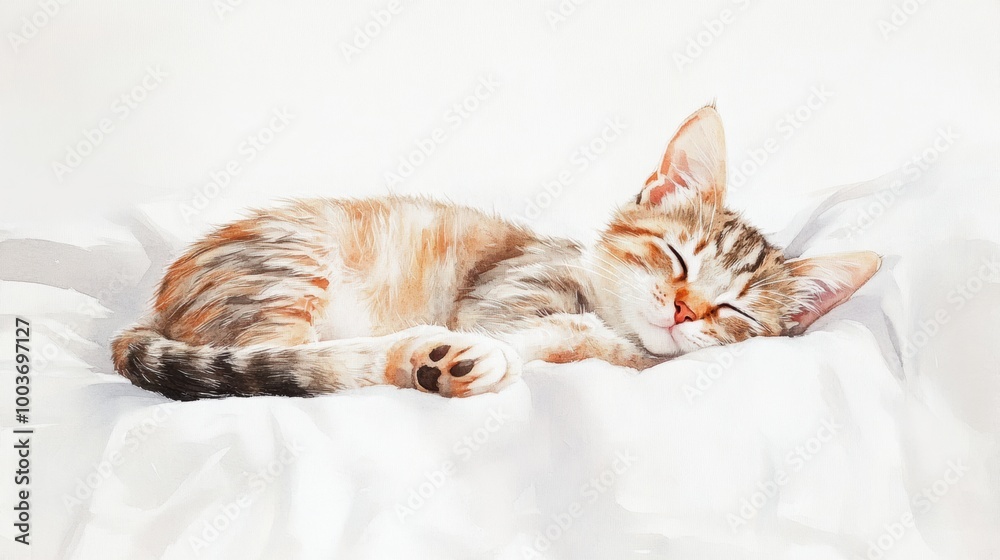 Poster a serene moment with a sleeping cat curled up on a soft white bedspread during a peaceful afternoon.