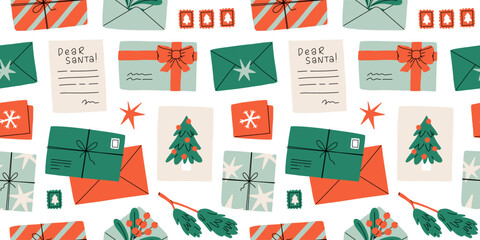 Christmas seamless pattern. Santa mail. X-mas opened and closed envelopes, decorated with branches and seals, postage stamps. Holiday vector background for wrapping paper, textile