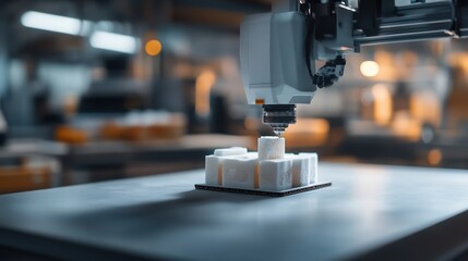 Fototapeta premium Industrial robotic arm assembling components on a production line.