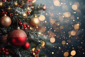 Christmas Baubles and Berries on Snowy Pine Tree Branch with Bokeh Lights – Festive Winter Holiday Scene, Perfect for Cards, Decorations, and Seasonal Celebrations