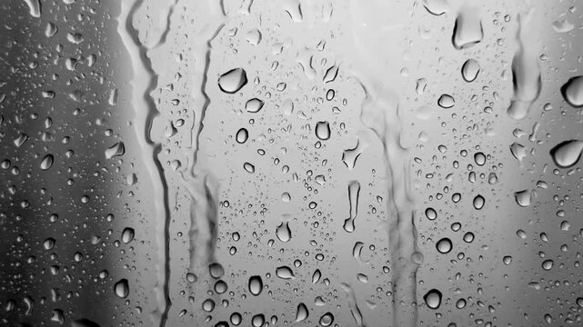 Raindrops falling down the window glass. Abstract background of raindrops in gray tones