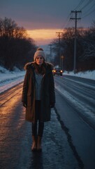 Person standing on a snowy road at sunrise, wearing a puffy coat with fur hood