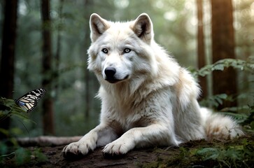 Obraz premium Beautiful white wolf sitting in a beautiful forest and watching a butterfly
