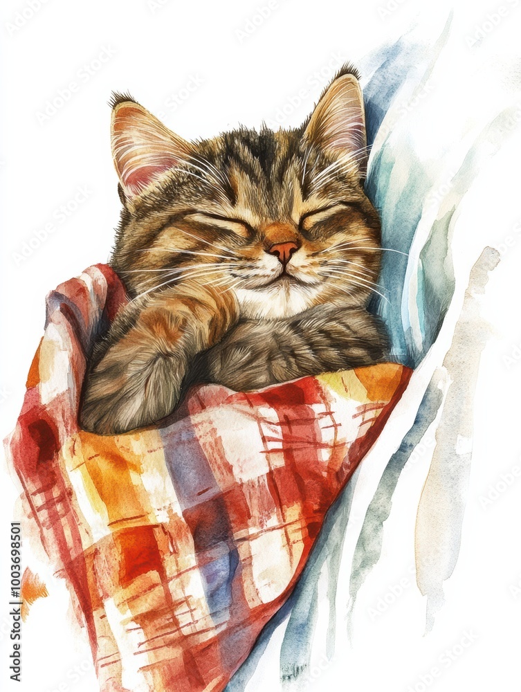 Poster a relaxed tabby cat peacefully sleeping on a cozy bedspread against a soft white background. generat