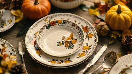 A background featuring Thanksgiving-themed dinnerware, with plates and utensils decorated with autumn motifs.