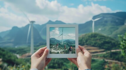 Two hands holding polaroid picture of wind turbine and mountain at the real place