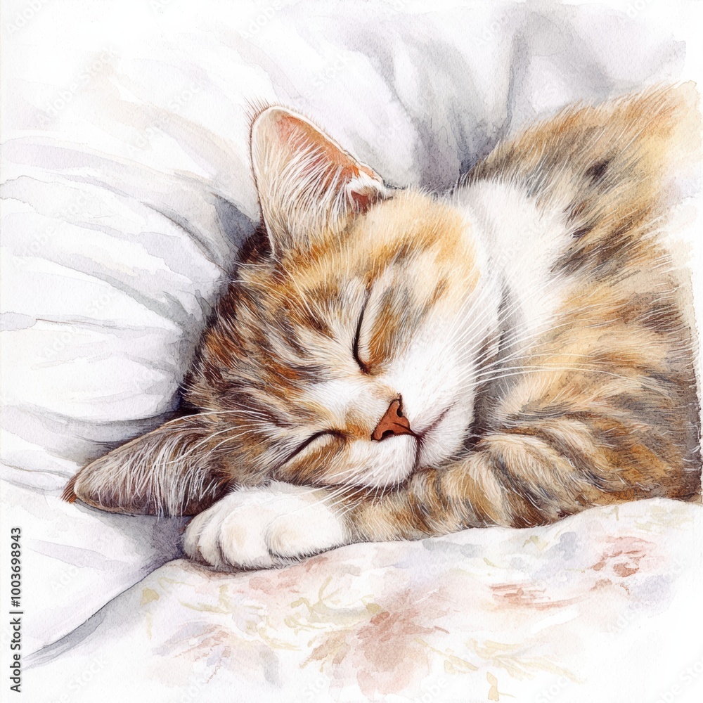 Poster a cozy cat peacefully sleeping on a soft bedspread with a white background in a serene indoor enviro