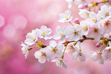 white cherry blossoms on pink background in the style Low Angle