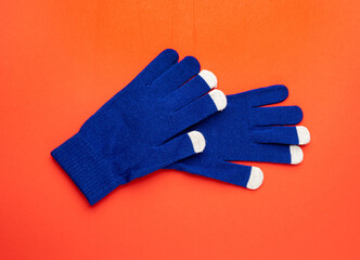 Winter Gloves, Touchscreen Wool Glove, Touch Screen Knitted Mittens, Warm Blue Gloves on Red