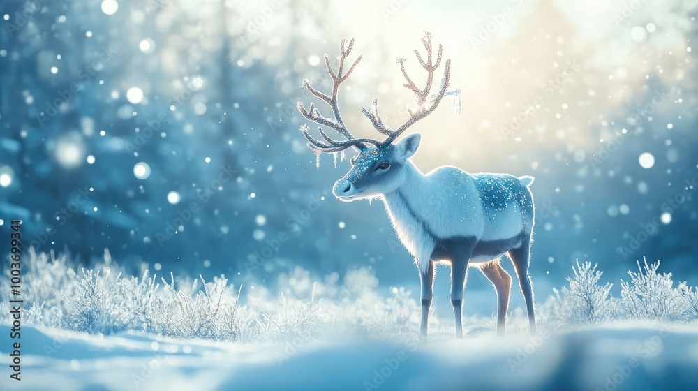 Poster a serene winter scene featuring a majestic reindeer surrounded by falling snow and a tranquil forest