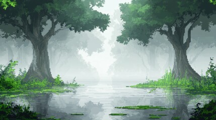 Fototapeta premium Misty Forest with Calm Water Reflection