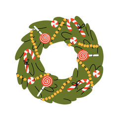 Christmas wreath with poinsettia, leaves, branches, berries, holly, pine cone. Winter floral collection. Vector frame, arrangement. Hand drawn Happy New Year illustration isolated on white background