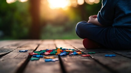 Obraz premium Solitary Reflection, Child sitting alone beside scattered puzzle pieces, Symbol of loneliness and contemplation.