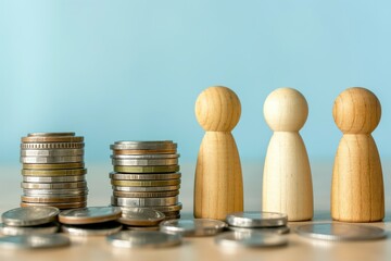 Stacks of coins, wooden figures on table against blue background. Illustration of financial inequality, wealth gap, economic disparity. Concept of unequal distribution of wealth, income, resources.