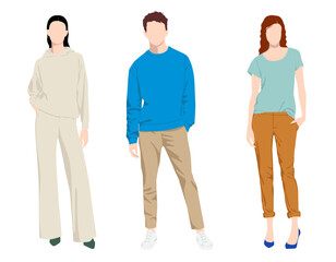 1514_Vector fashion illustration of two beautiful women and handsome man wearing various fashionable casual clothes