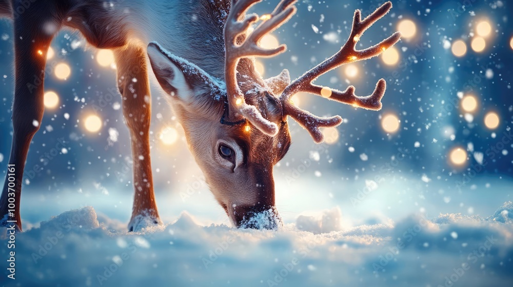Poster a gentle deer foraging in soft snow illuminated by twinkling lights, capturing the essence of a sere