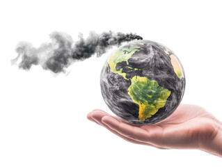  image depicts hand holding globe with smoke emanating from it, symbolizing environmental issues and pollution. This powerful visual conveys sense of urgency and responsibility towards our planet. 