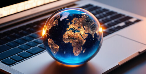 A vibrant world map floats over a laptop keyboard, representing global connectivity, technological advancements, and digital transformation.