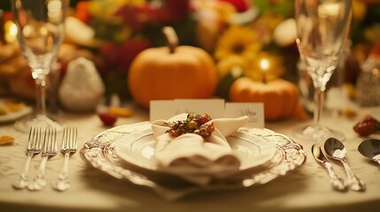 Naklejka premium A background showing an elegant Thanksgiving place setting with a folded napkin, silverware, and a name card.