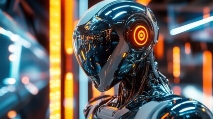 3D effect of a cutting-edge robot with reflective metal surfaces and neon lights, showcasin
